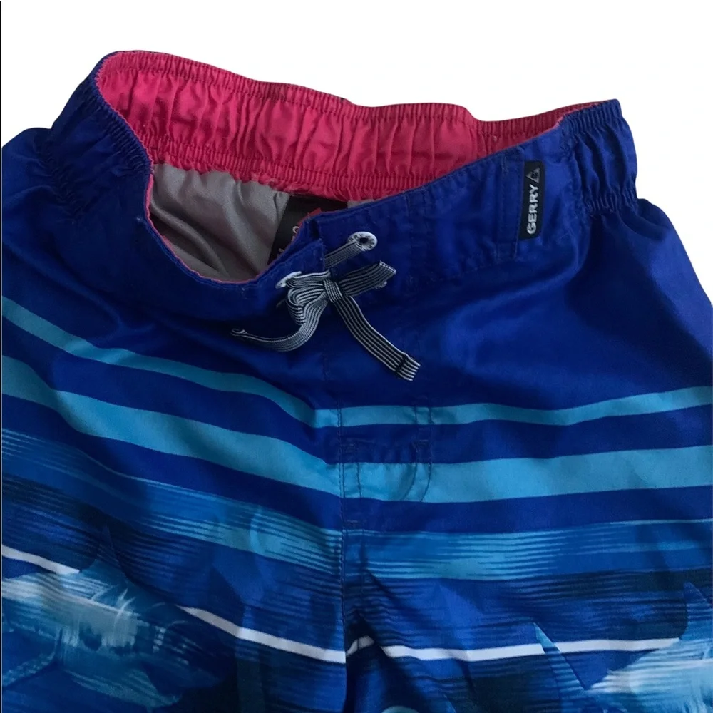 Gerry Gear | Youth Boys Swim Trunks Medium Blue Ocean Shark Hot Pink Stripe